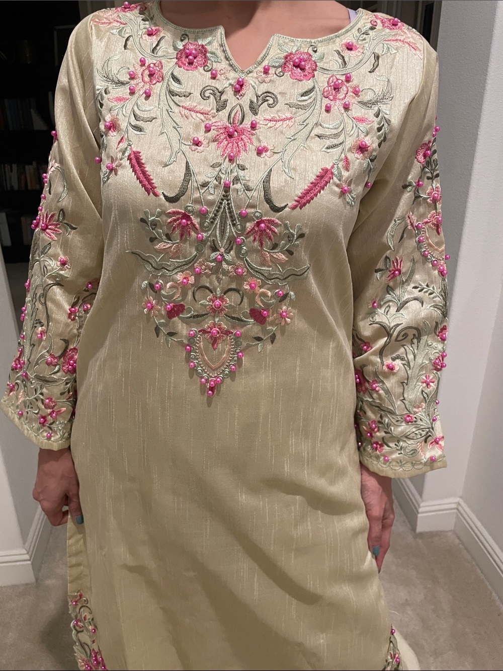 Embroidered Raw Silk Cream Women's Straight kameez and pants set
